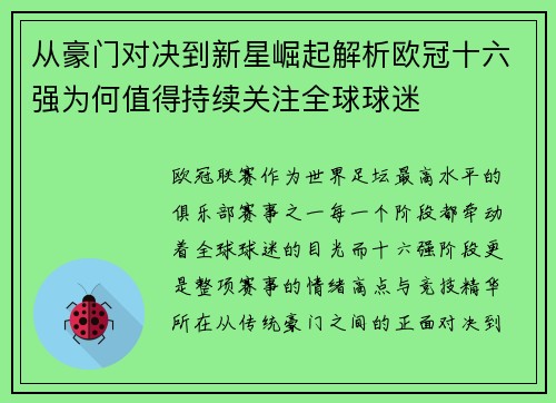 从豪门对决到新星崛起解析欧冠十六强为何值得持续关注全球球迷